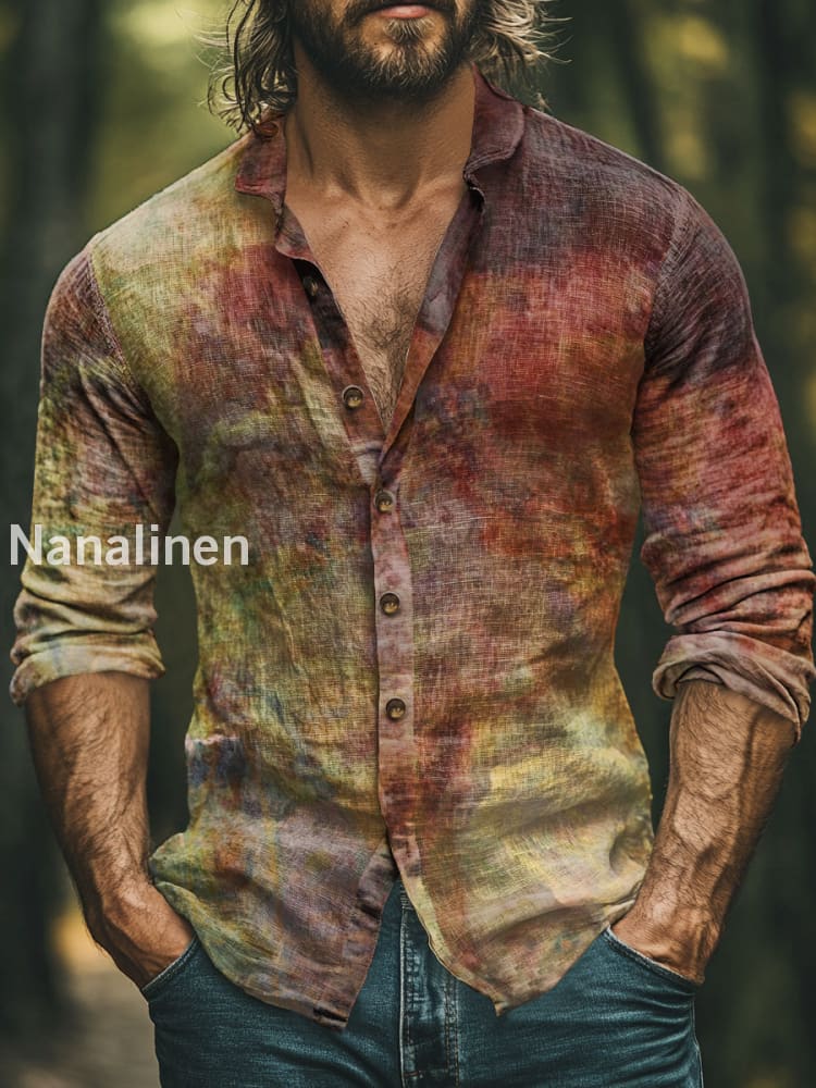 Men’s Bohemian Retro Colorful Print Art Casual Cotton Shirt Colorful / S
