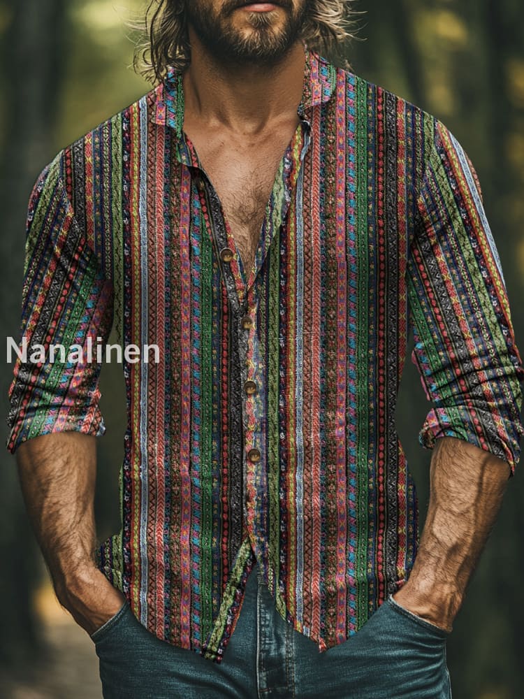 Men’s Bohemian Retro Stripe Print Art Casual Cotton Shirt Colorful / S