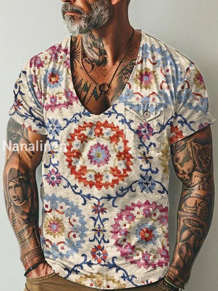 Men`s Boho Pattern Art Print Pocket Casual Short Sleeves T-Shirt Colorful / S