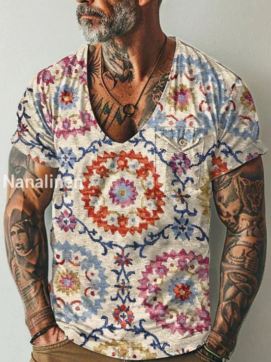 Men`s Boho Pattern Art Print Pocket Casual Short Sleeves T-Shirt Colorful / S