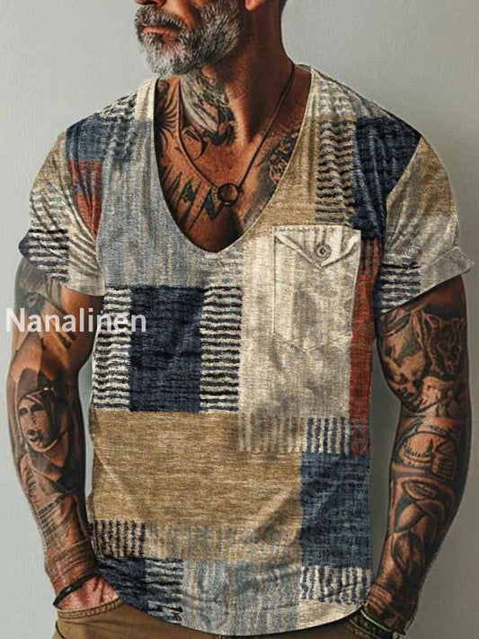 Men`s Boho Plaid Art Print Pocket Casual Short Sleeves T-Shirt Colorful / S