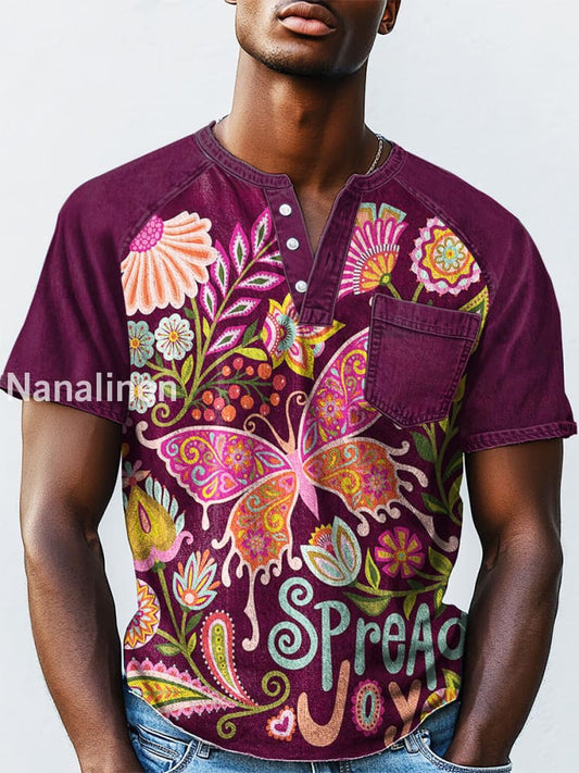 Men`s Boho Sryle Butterfly And Floral Abstract Art Print Design Casual T-Shirt Colorful / S