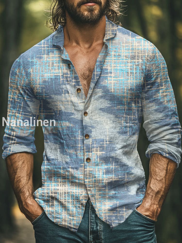 Men’s Boho Style Abstract Pattern Print Art Casual Cotton Shirt Colorful / S
