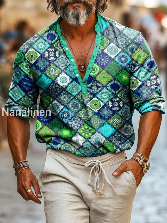 Men`s Boho Style Abstract Print Cotton Casual Long Sleeve Shirt Colorful / S