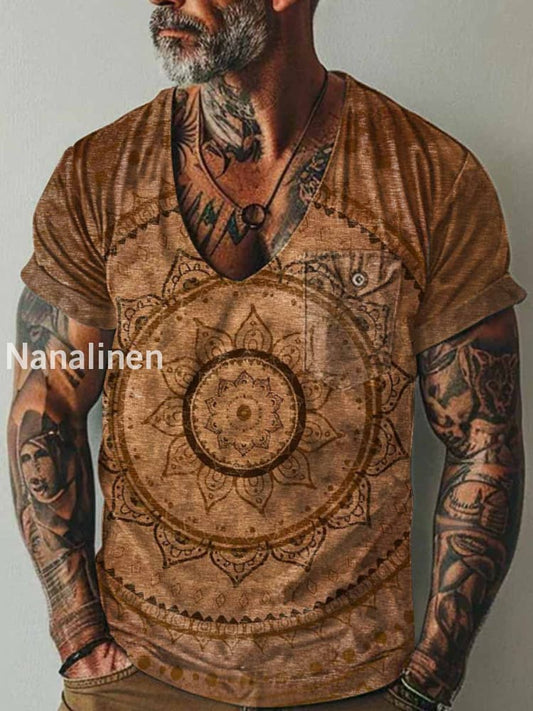 Men`s Boho Style Art Print Pocket Casual Short Sleeves T-Shirt Colorful / S