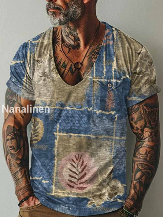 Men`s Boho Style Art Print Pocket Casual Short Sleeves T-Shirt Colorful / S