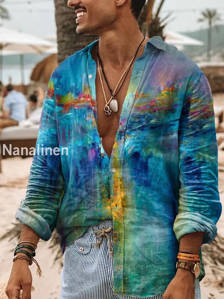 Men’s Boho Style Aurora Print Art Casual Cotton Shirt Colorful / S