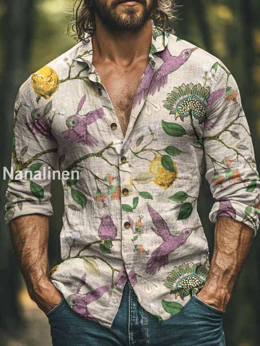 Men’s Boho Style Bird And Floral Print Art Casual Cotton Shirt Colorful / S