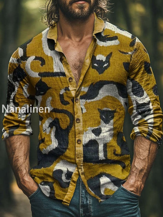 Men’s Boho Style Cats Print Art Casual Cotton Shirt Colorful / S
