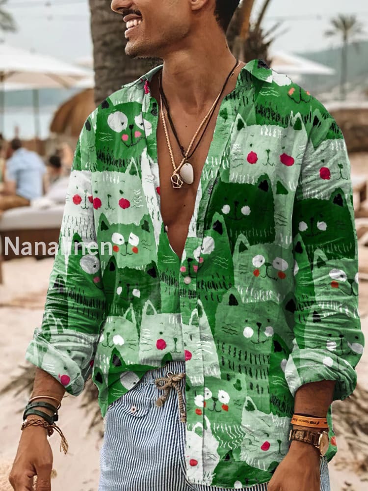 Men’s Boho Style Cats Print Art Casual Cotton Shirt Green / S