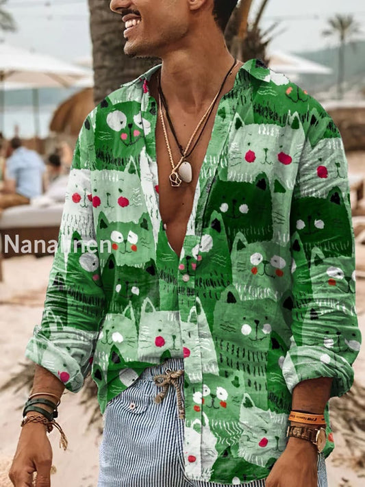 Men’s Boho Style Cats Print Art Casual Cotton Shirt Green / S