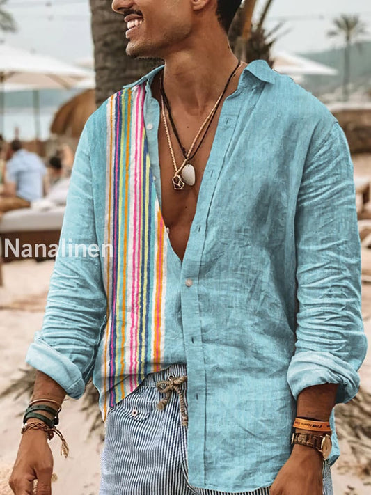 Men’s Boho Style Color Stripes Print Art Casual Cotton Shirt Colorful / S