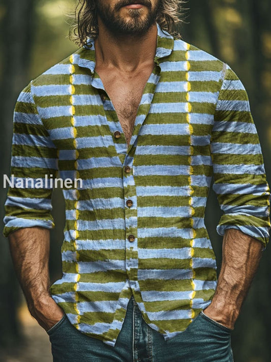Men’s Boho Style Color Stripes Print Art Casual Cotton Shirt Colorful / S