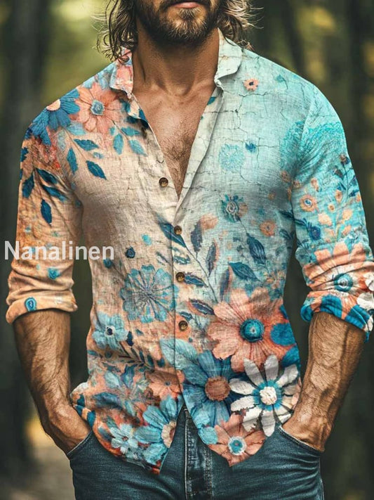 Men’s Boho Style Colorful Floral Print Art Casual Cotton Shirt Colorful / S