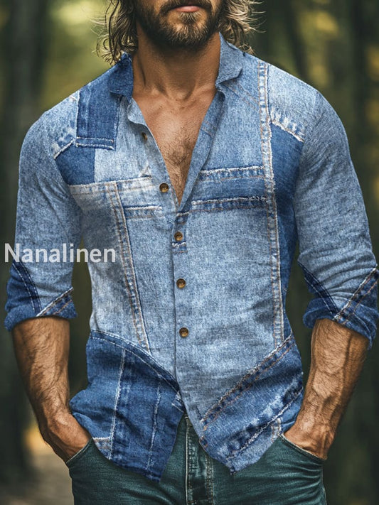 Men’s Boho Style Denim Pattern Print Art Casual Cotton Shirt Blue / S