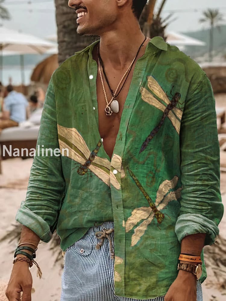 Men’s Boho Style Dragon Print Art Casual Cotton Shirt Colorful / S
