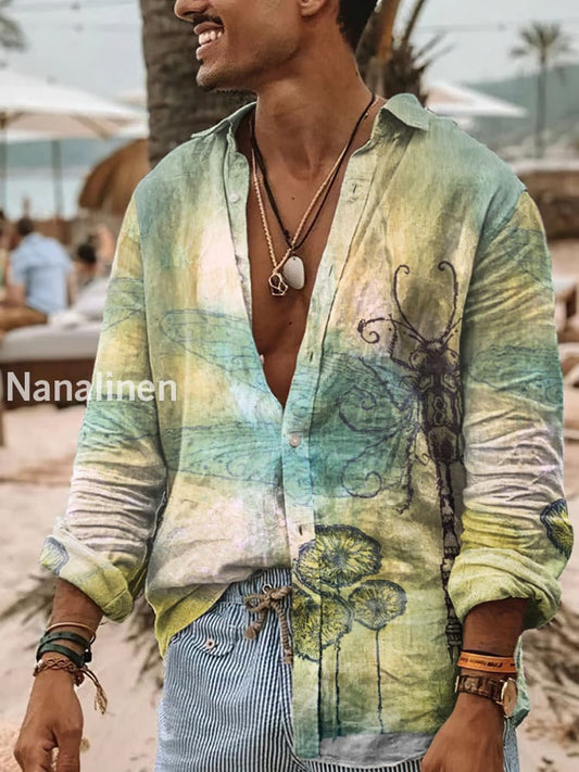 Men’s Boho Style Drganfly And Flowers Print Art Casual Cotton Shirt Colorful / S