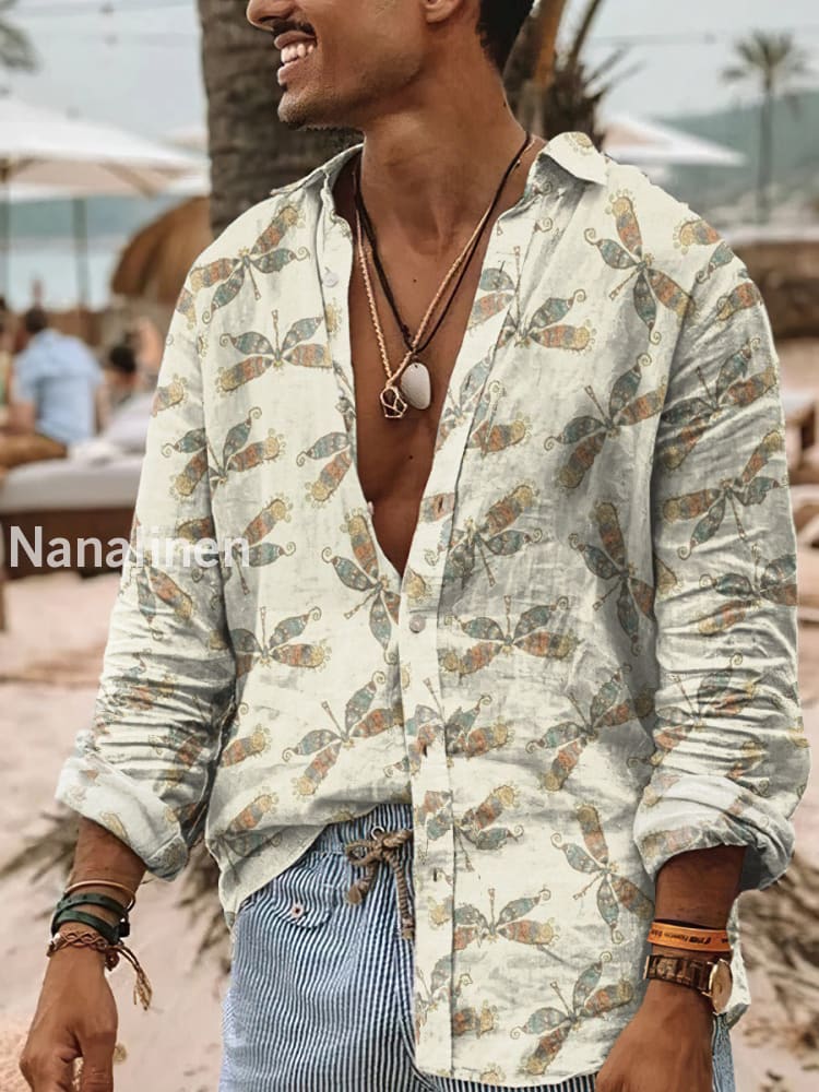 Men’s Boho Style Drganfly Print Art Casual Cotton Shirt Colorful / S