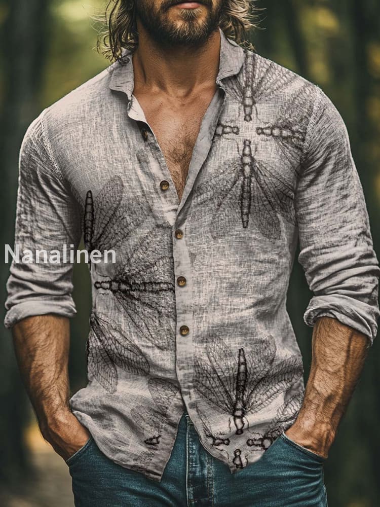 Men’s Boho Style Drgonfly Print Art Casual Cotton Shirt Colorful / S