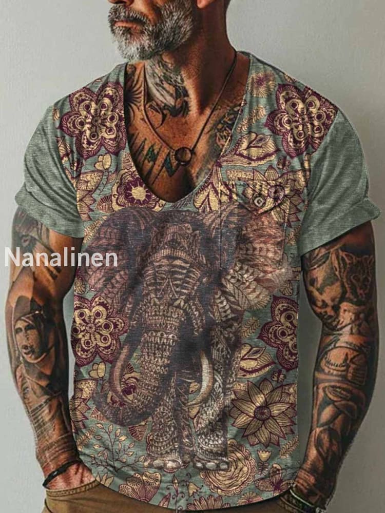 Men`s Boho Style Elephent Art Print Pocket Casual Short Sleeves T-Shirt Colorful / S
