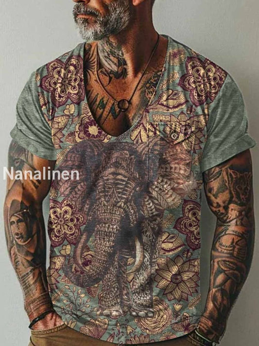 Men`s Boho Style Elephent Art Print Pocket Casual Short Sleeves T-Shirt Colorful / S