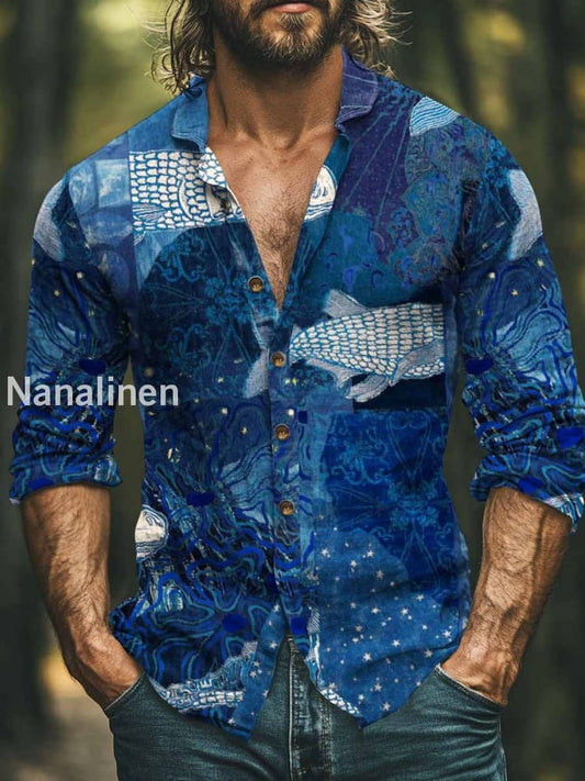 Men’s Boho Style Fantasy Fish Print Art Casual Cotton Shirt Blue / S