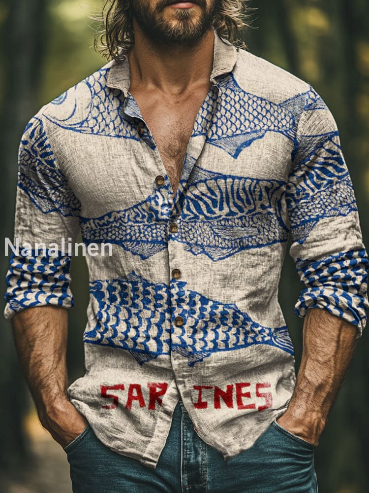 Men’s Boho Style Fish Print Art Casual Cotton Shirt Colorful / S