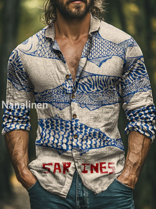 Men’s Boho Style Fish Print Art Casual Cotton Shirt Colorful / S