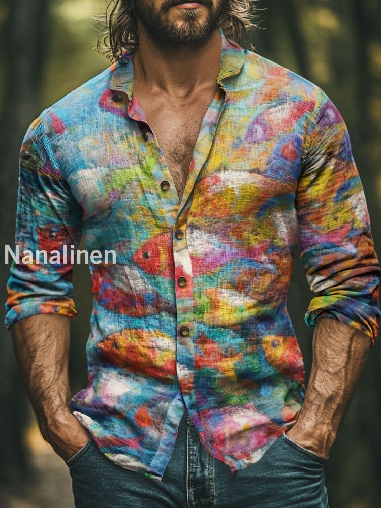 Men’s Boho Style FIshs Print Art Casual Cotton Shirt Colorful / S