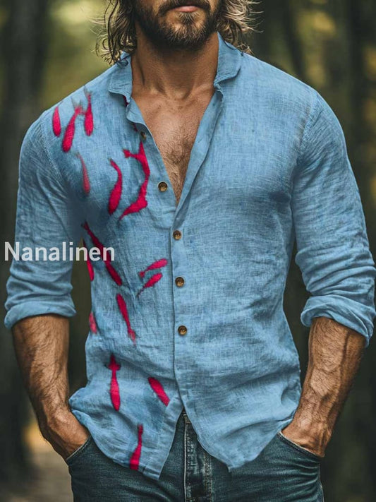 Men’s Boho Style Fishs Print Art Casual Cotton Shirt Colorful / S