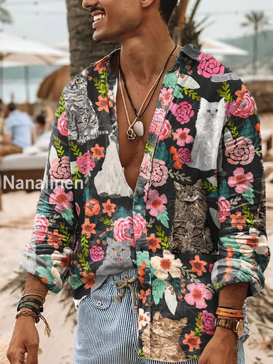 Men’s Boho Style Floral And Cats Print Art Casual Cotton Shirt Colorful / S