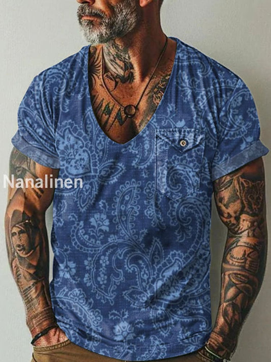 Men`s Boho Style Floral Art Print Pocket Casual Short Sleeves T-Shirt Colorful / S
