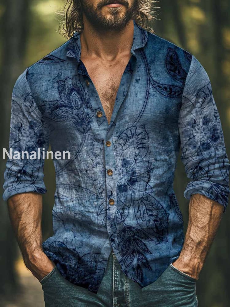 Men’s Boho Style Floral Print Art Casual Cotton Shirt Blue / S