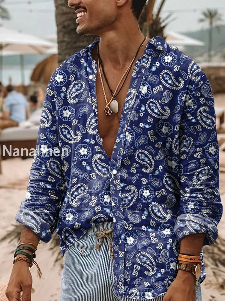 Men’s Boho Style Floral Print Art Casual Cotton Shirt Colorful / S