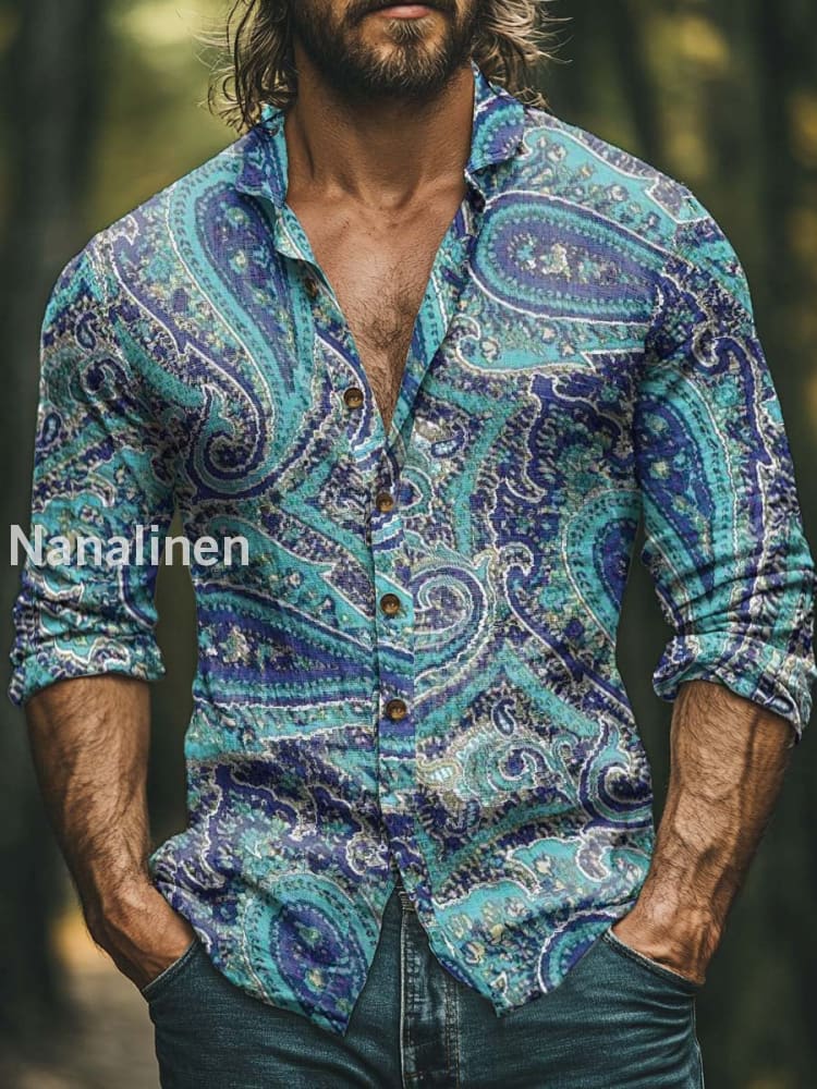 Men’s Boho Style Floral Print Art Casual Cotton Shirt Colorful / S