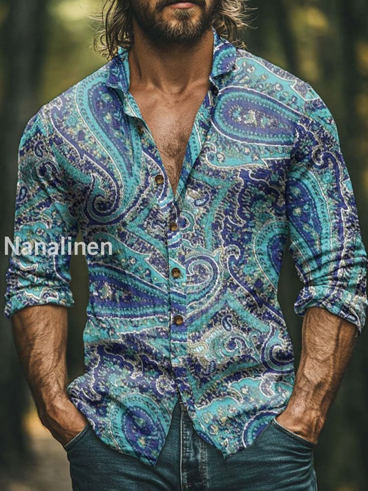 Men’s Boho Style Floral Print Art Casual Cotton Shirt Colorful / S