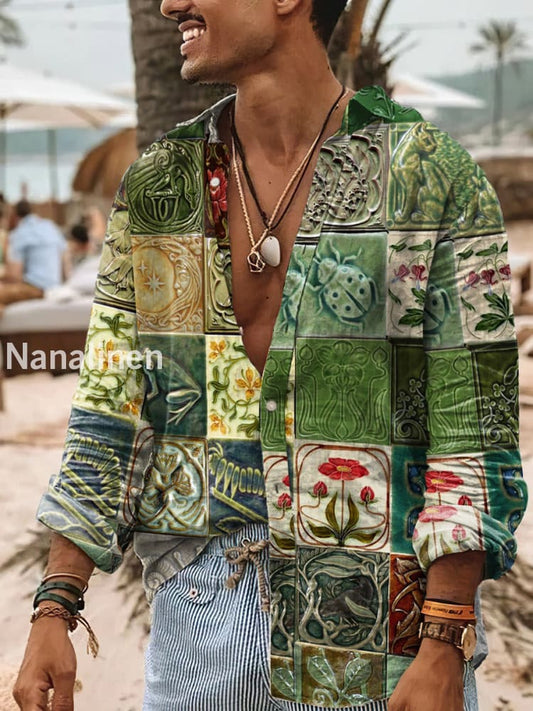 Men’s Boho Style Floral Print Art Casual Cotton Shirt Colorful / S