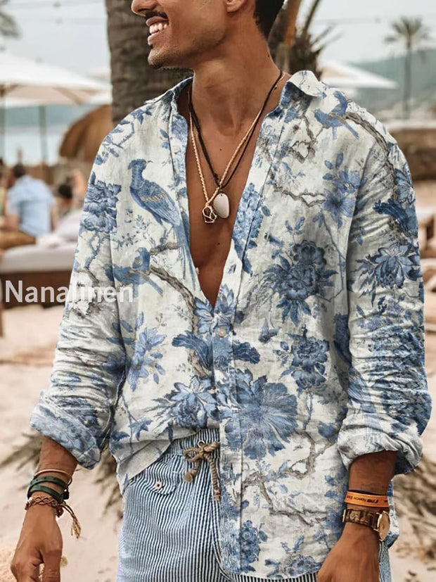 Men’s Boho Style Floral Print Art Casual Cotton Shirt Colorful / S
