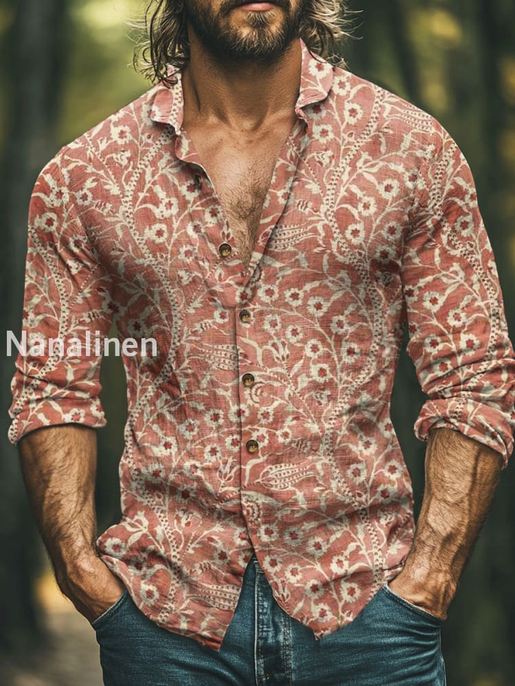 Men’s Boho Style Floral Print Art Casual Cotton Shirt Colorful / S