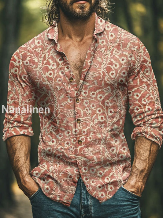 Men’s Boho Style Floral Print Art Casual Cotton Shirt Colorful / S