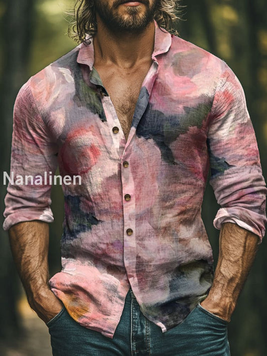 Men’s Boho Style Floral Print Art Casual Cotton Shirt Colorful / S