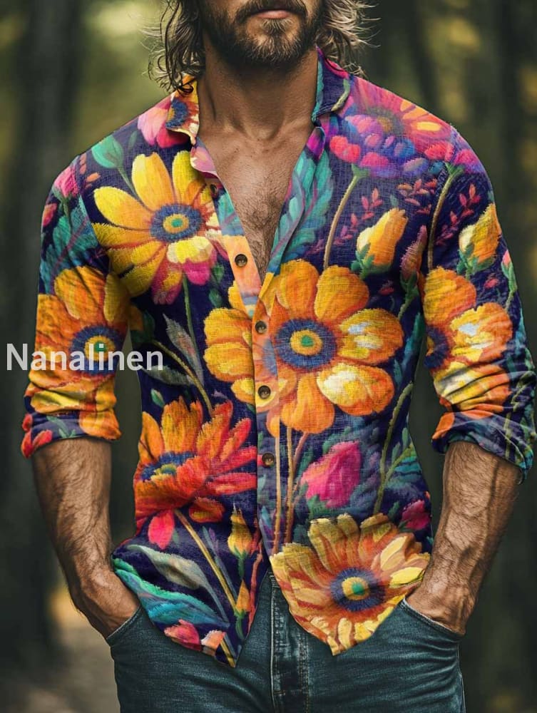 Men’s Boho Style Floral Print Art Casual Cotton Shirt Colorful / S