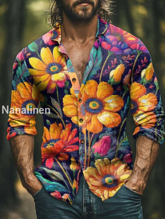 Men’s Boho Style Floral Print Art Casual Cotton Shirt Colorful / S
