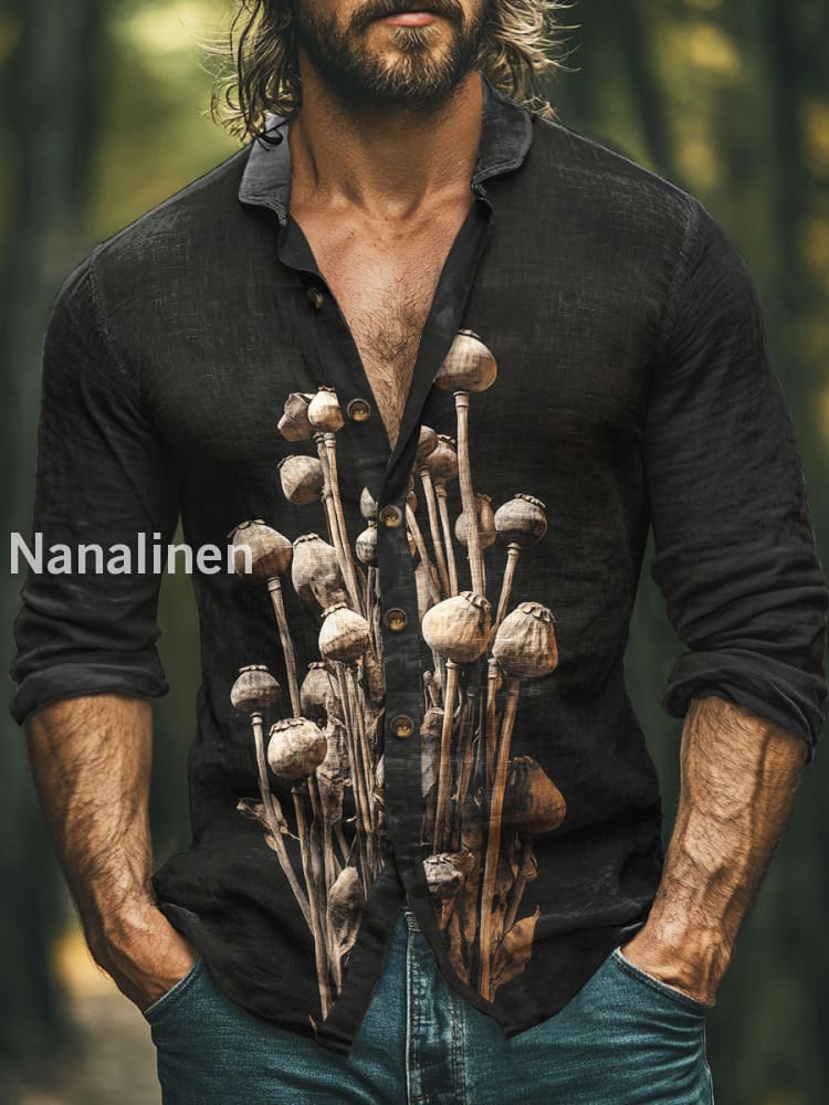 Men’s Boho Style Floral Print Art Casual Cotton Shirt Colorful / S