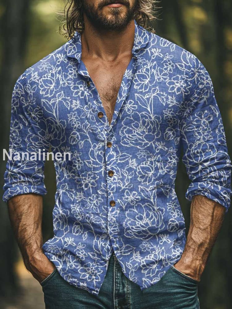 Men’s Boho Style Floral Print Art Casual Cotton Shirt Colorful / S