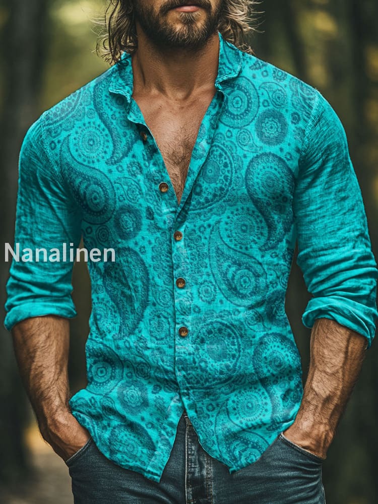 Men’s Boho Style Floral Print Art Casual Cotton Shirt Colorful / S