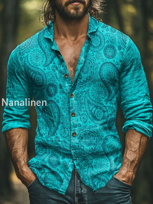 Men’s Boho Style Floral Print Art Casual Cotton Shirt Colorful / S