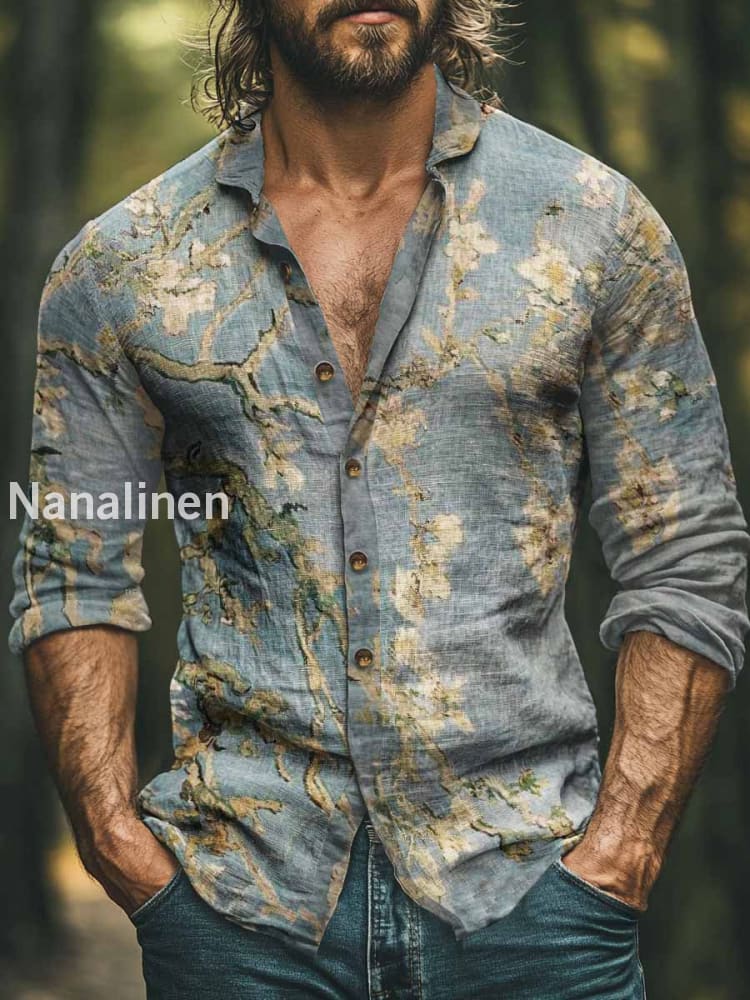 Men’s Boho Style Floral Print Art Casual Cotton Shirt Colorful / S
