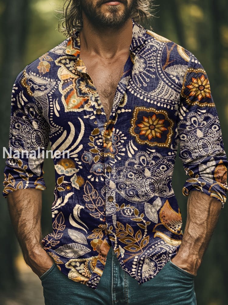 Men’s Boho Style Floral Print Art Casual Cotton Shirt Colorful / S