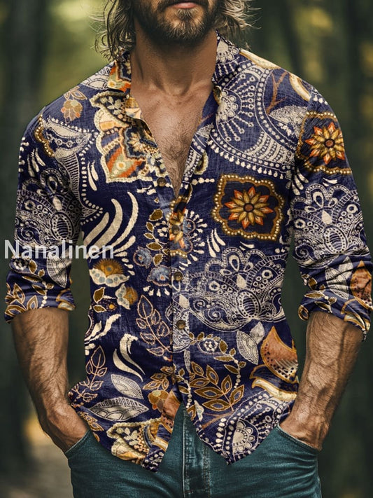 Men’s Boho Style Floral Print Art Casual Cotton Shirt Colorful / S